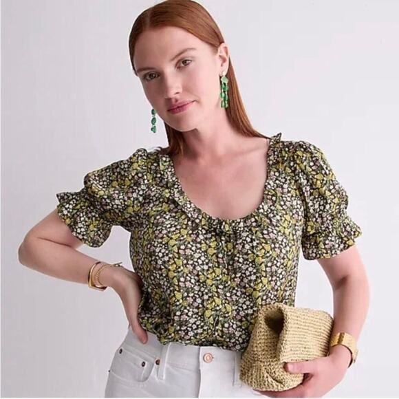 J. Crew 2022 XXS Ruffle Featherweight Satin Scoopneck Top Floral Stripe B1499 - Picture 1 of 9